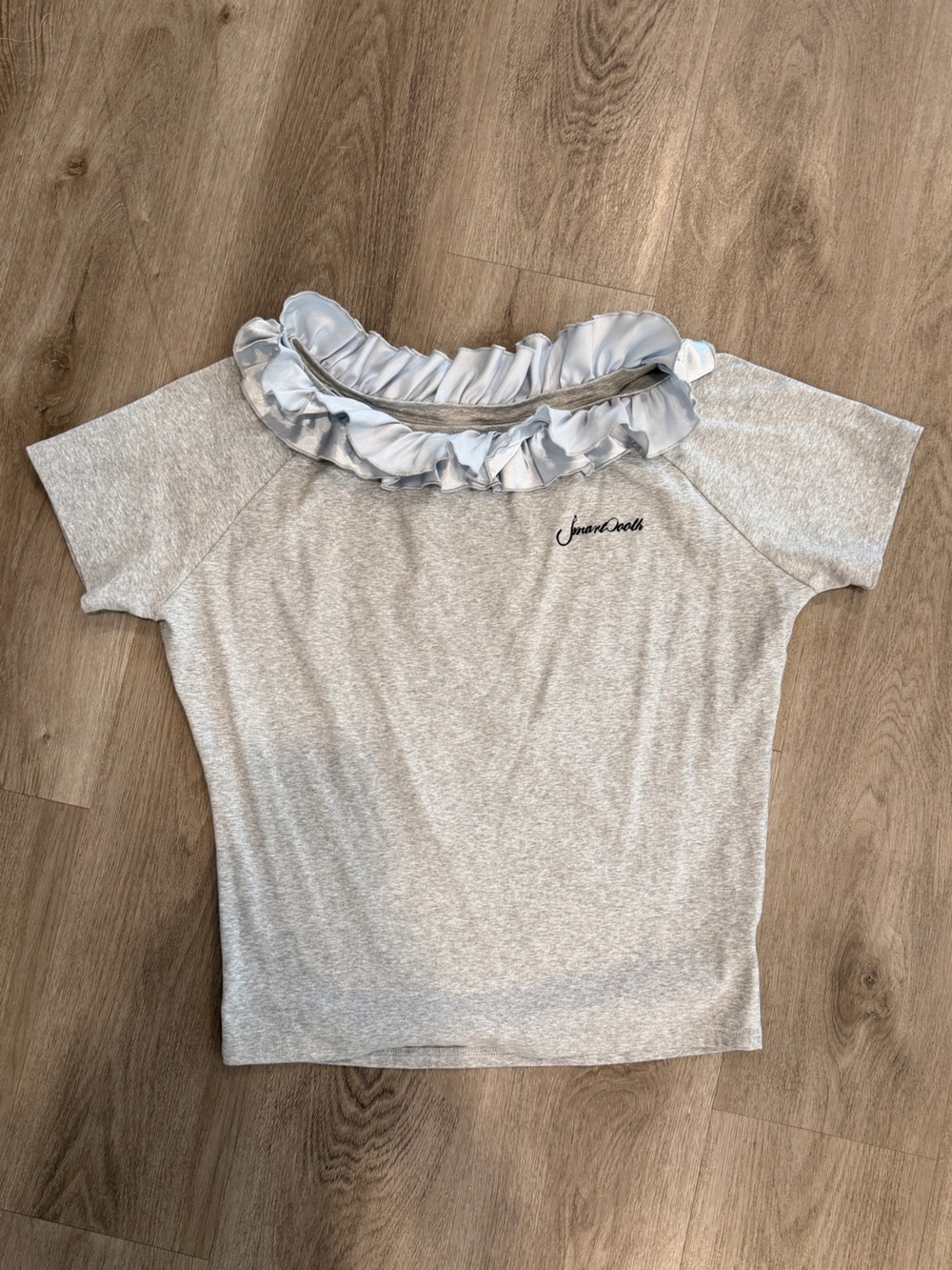Gray off the shoulder tee with ruffled neckline